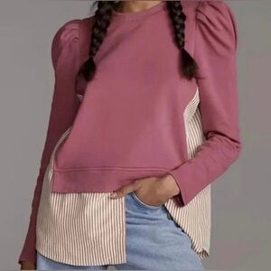 *ANTHROPOLOGIE* LAYERED TUNIC PUFF SLEEVE SWEATSHIRT* MAUVE SIZE SMALL*